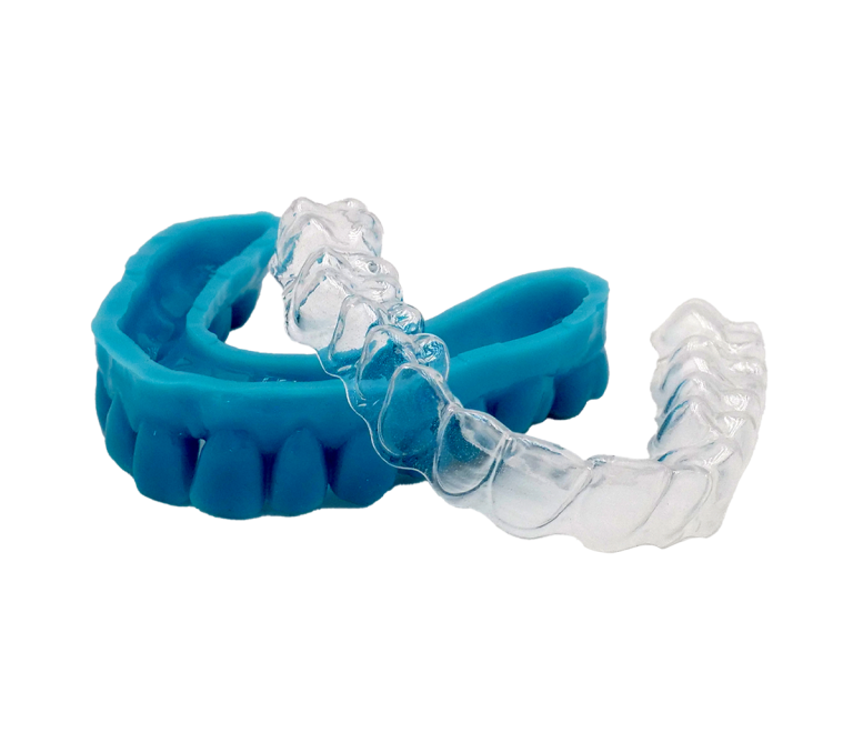PLASTCure-Absolute-Aligner resin - blue 3D printed model with a clear aligner - Prodways Machines